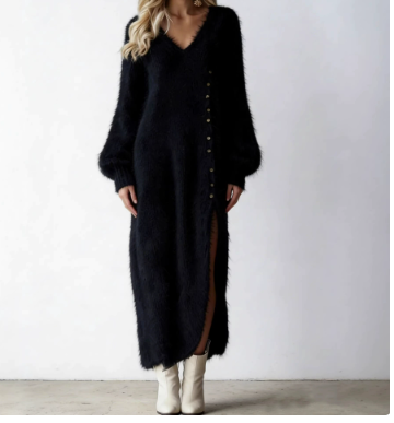Women's V-neck button-detail slit dress