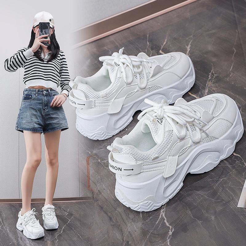 White height-increasing dad sneakers, lace-up design with chunky platform sole