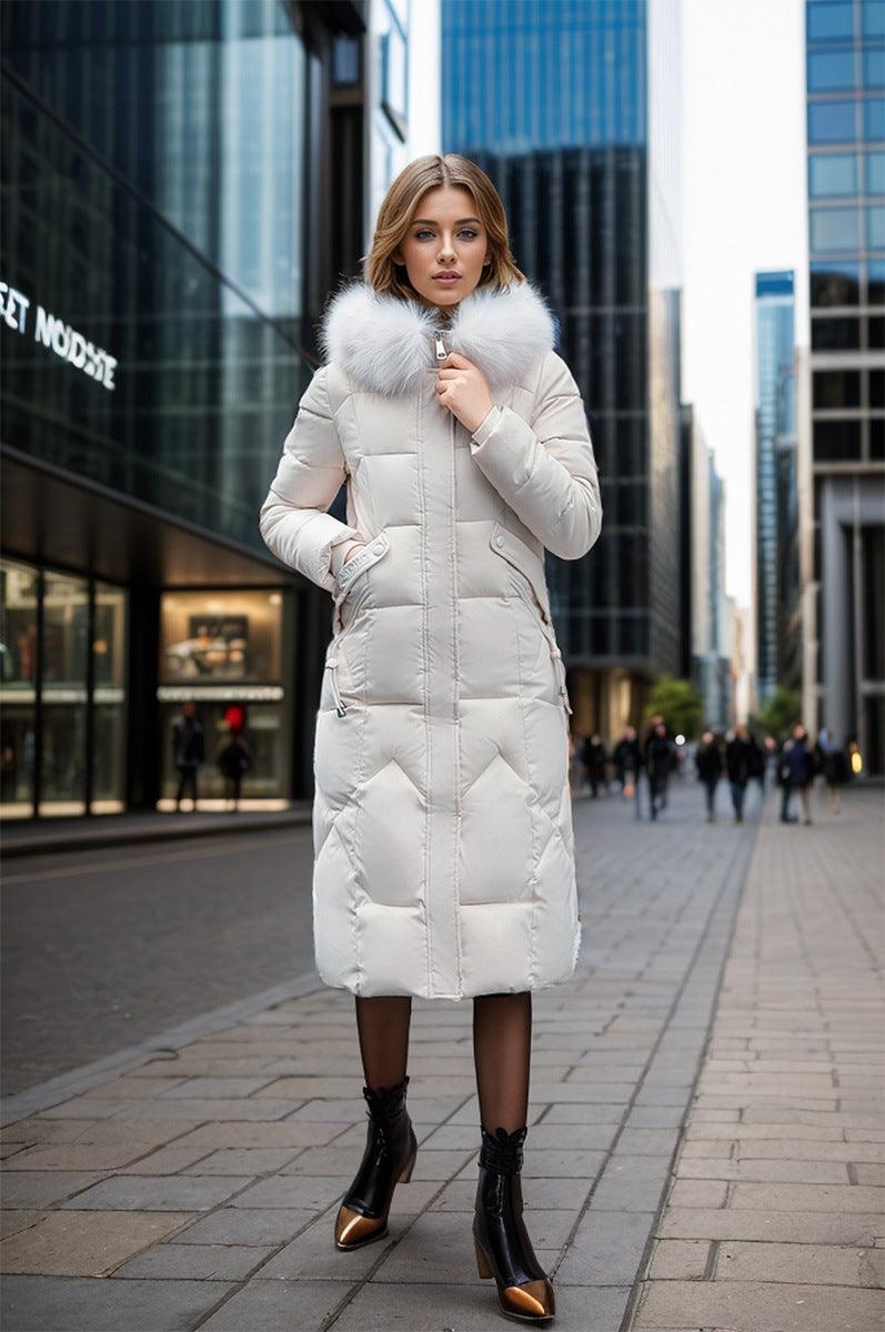Light padded long parka with faux-fur trim and hood