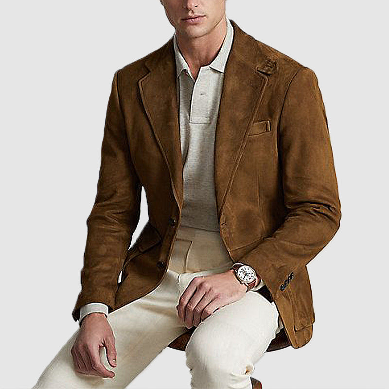 Men's brown double-breasted suit jacket with notch lapels and flap chest pocket