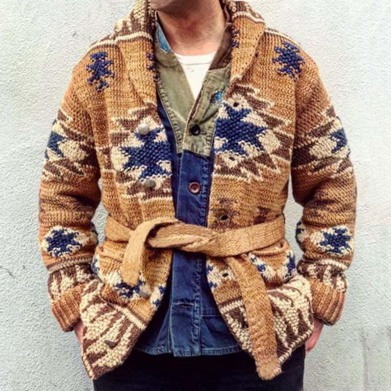 Men's Jacquard Lace-Up Cardigan Sweater