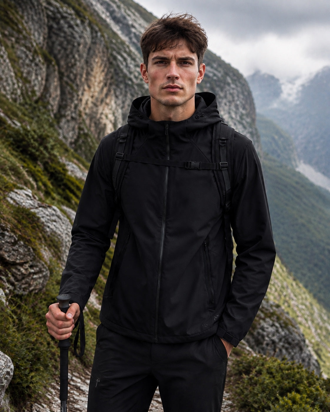 Men's black hooded jacket with full zip and adjustable hood cords