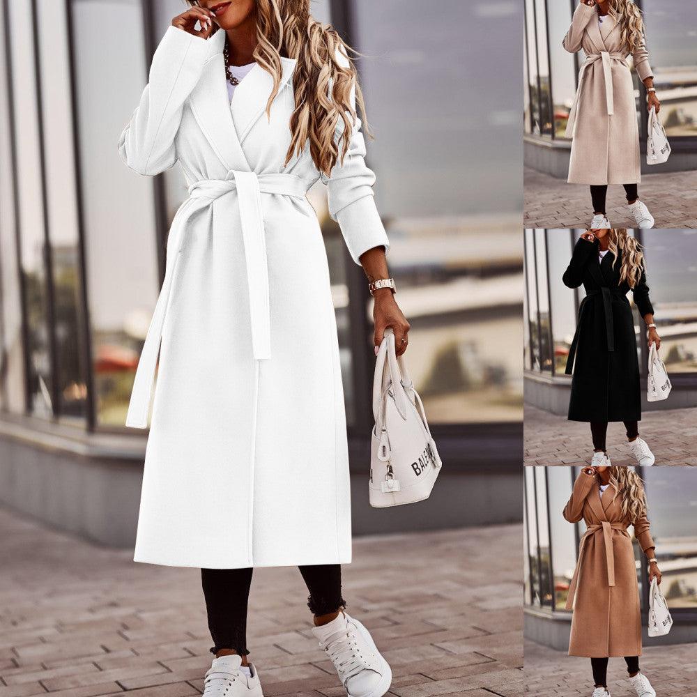 Women’s wool V-neck tie-belt coat, long sleeves, midi length, white