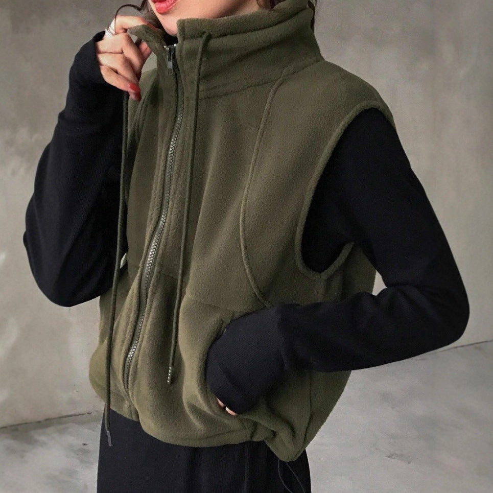 Army green sleeveless hoodie vest with zipper front and drawcord at hood