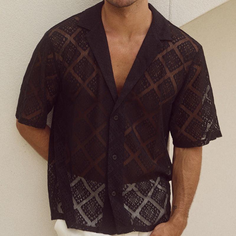 Brown short-sleeve lapel casual shirt with diamond textured hollow-out pattern, button front