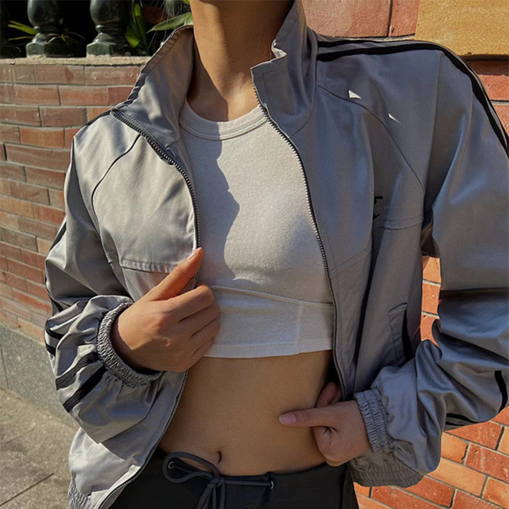 Women's Gray Stand-Collar Double-Zip Cropped Jacket - product view 1