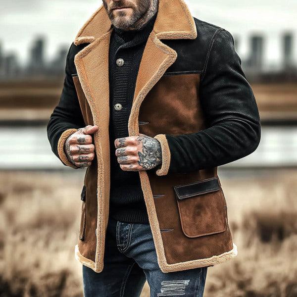 Men's suede color-block casual jacket with tan sherpa-style lining, button front, pockets