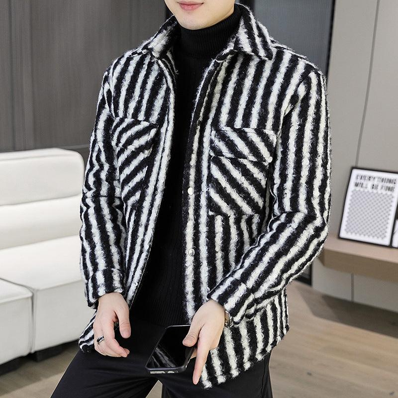 Zebra-striped fleece padded jacket with button-front closure and stand collar