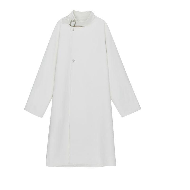 Women’s white long trench coat, stand collar, button front, long sleeves, belted waist.
