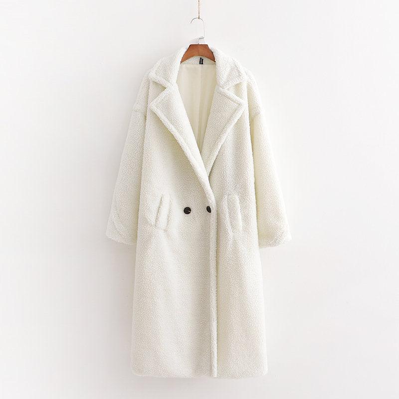Off-white long teddy coat with notched lapels, button front, and side pockets