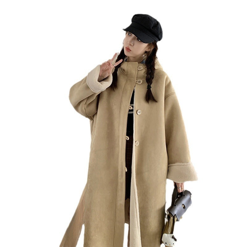 Single-breasted Khaki Retro Fur Coat - WOMONA.COM