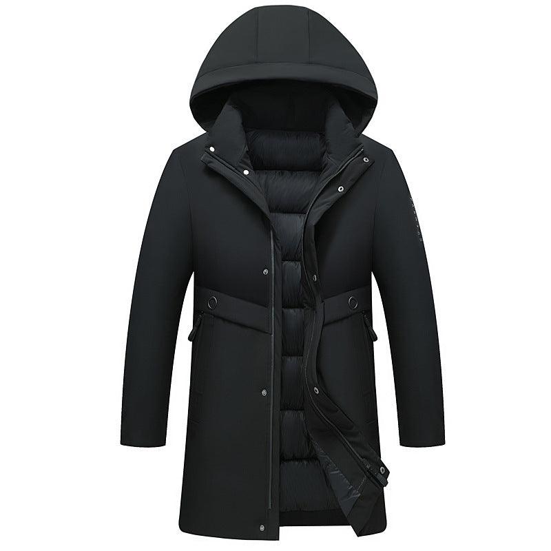 Black mid-length hooded parka with open front, quilted insulation, and button pockets