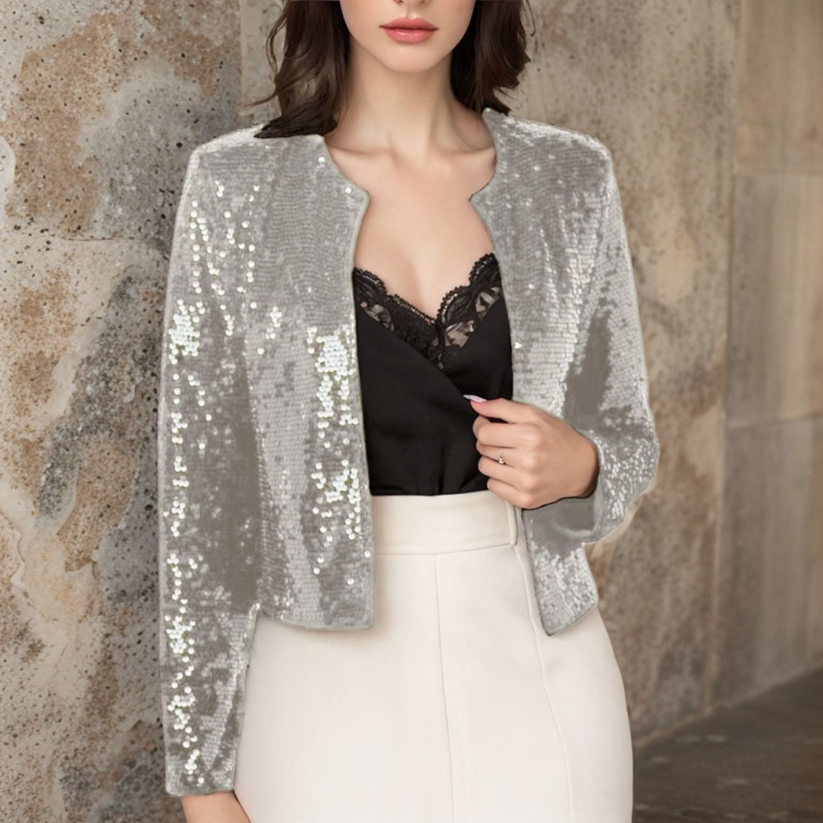 Women's crew-neck sequin jacket