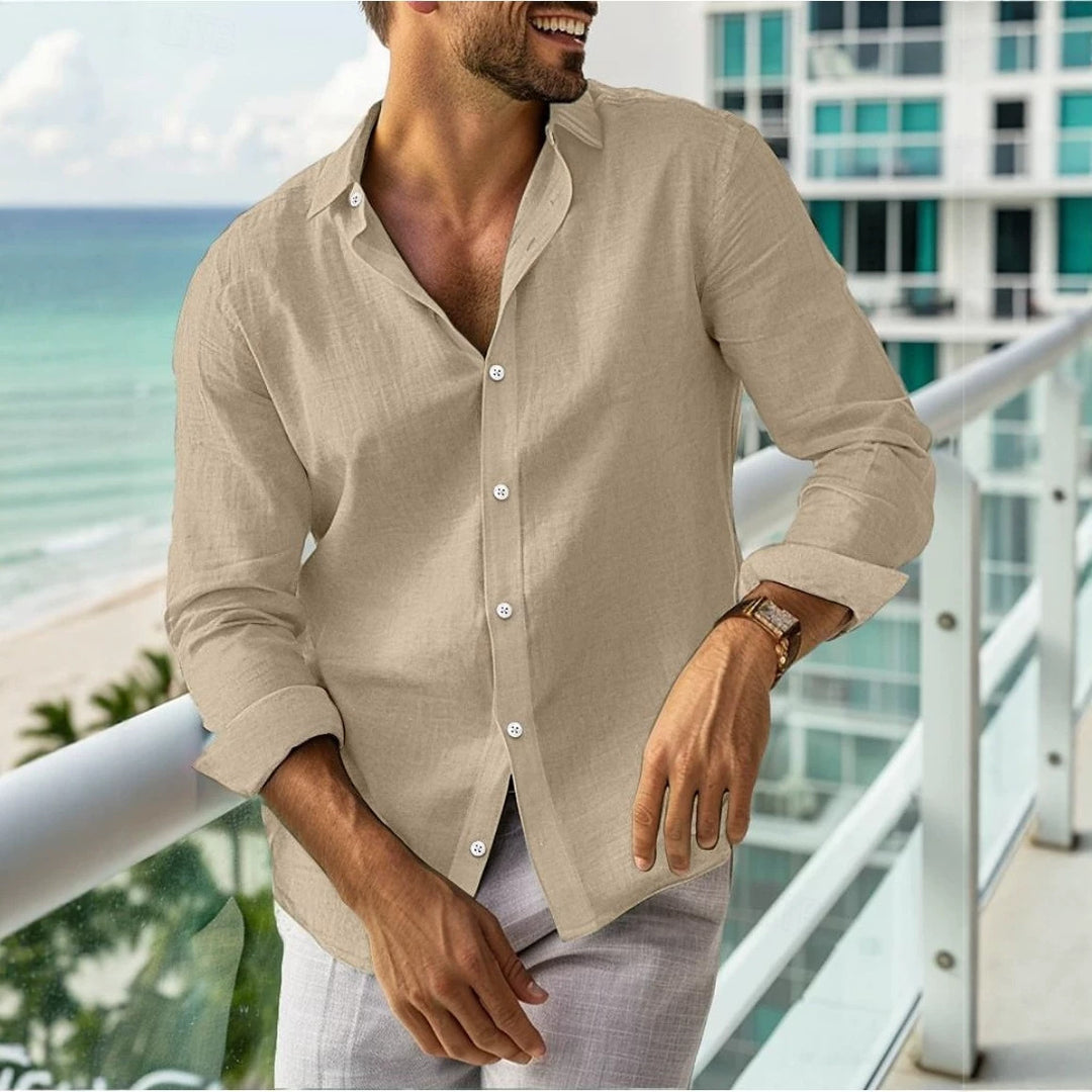 Khaki men’s long-sleeve lapel-button shirt with open collar and button-front placket