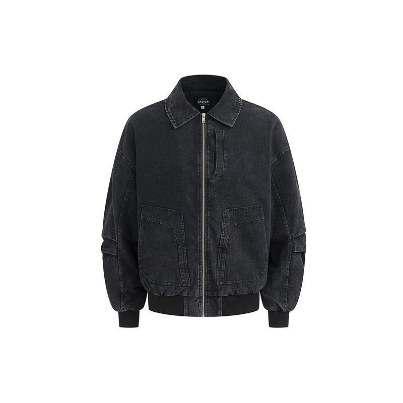 Black denim-style zip-front bomber jacket with two chest pockets