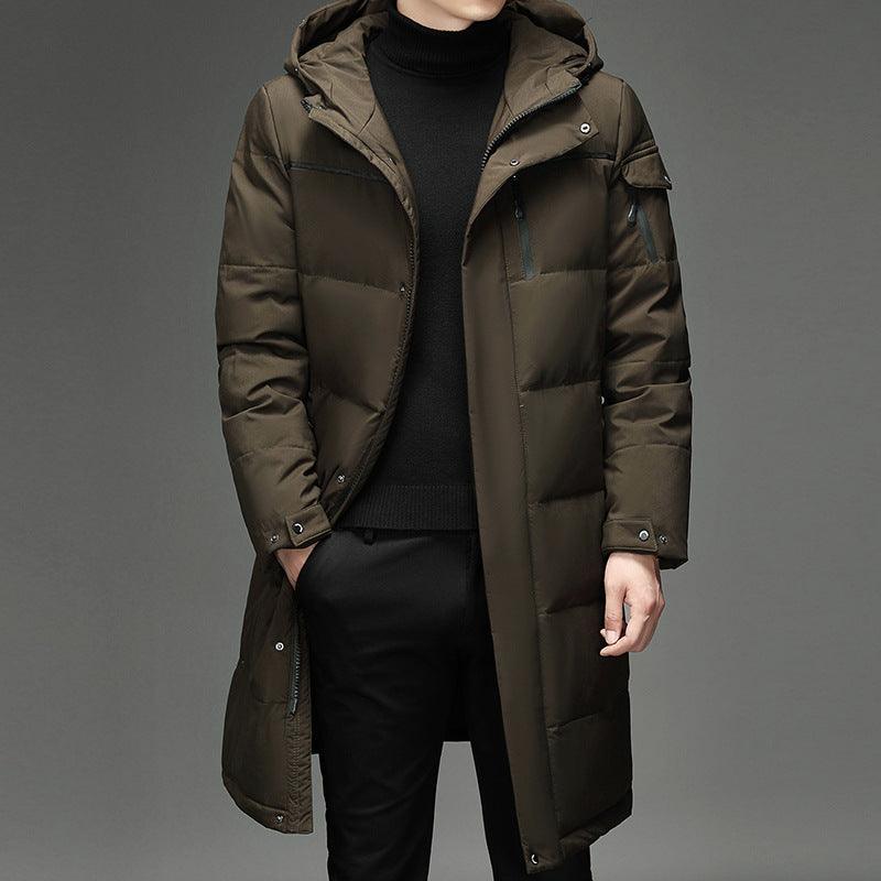 Brown stand-up collar zipper thermal puffer coat with hood, front pockets, long length.