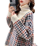 Women Fake Two High Neck Sweaters Houndstooth - WOMONA.COM