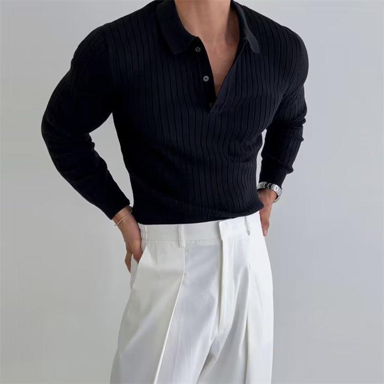 Lapel Button Long Sleeve Polo Shirt - WOMONA.COM