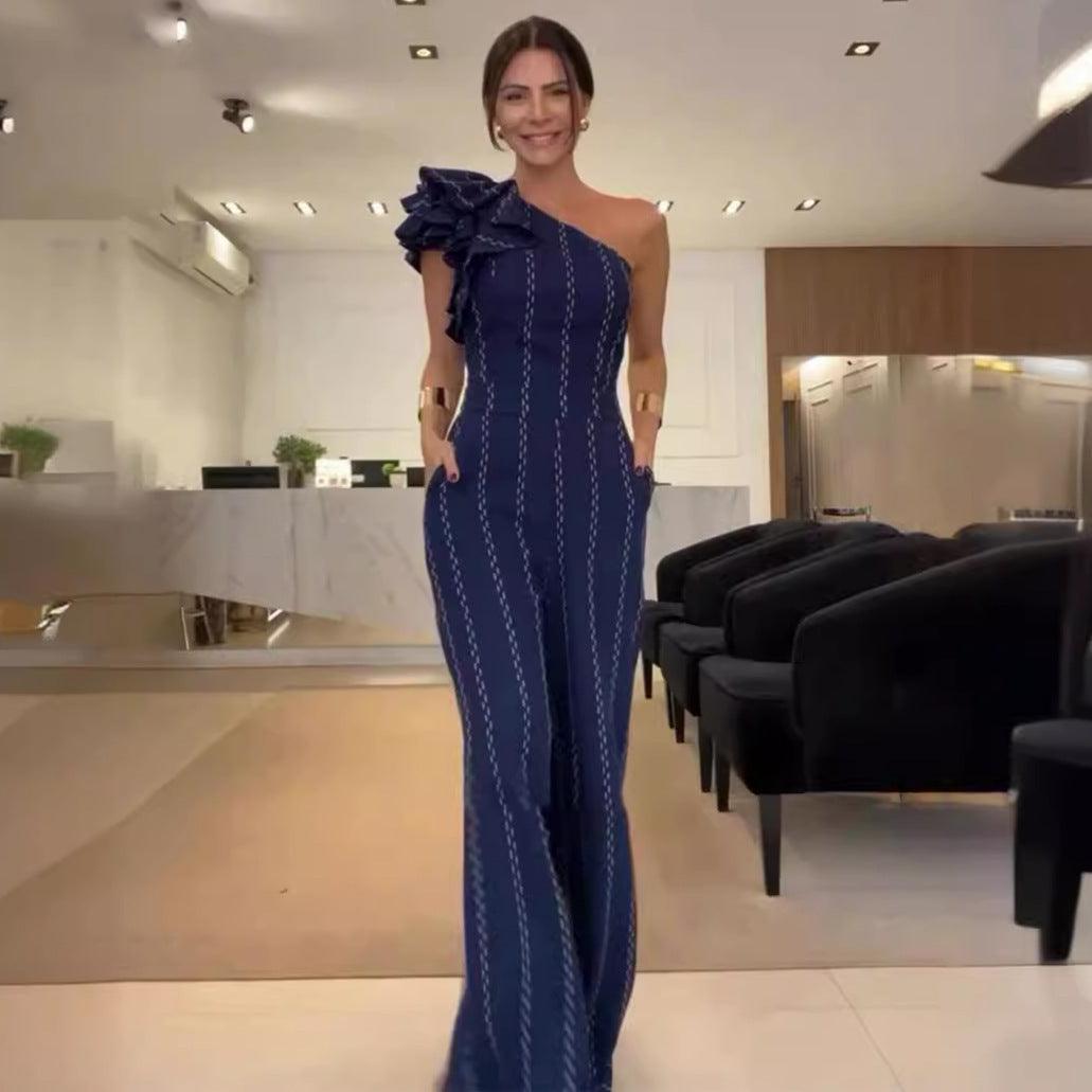 Shoulder-baring Stringy Selvedge Striped Jumpsuit - WOMONA.COM
