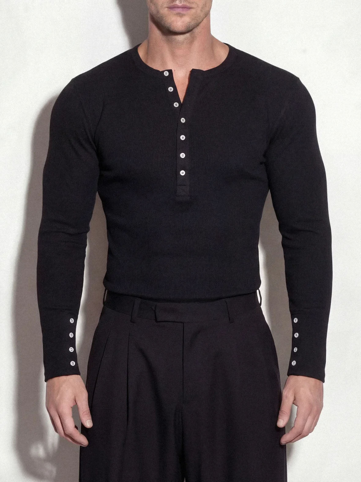 Black Ribbed Henley Long-Sleeve Knit Top – product image 1