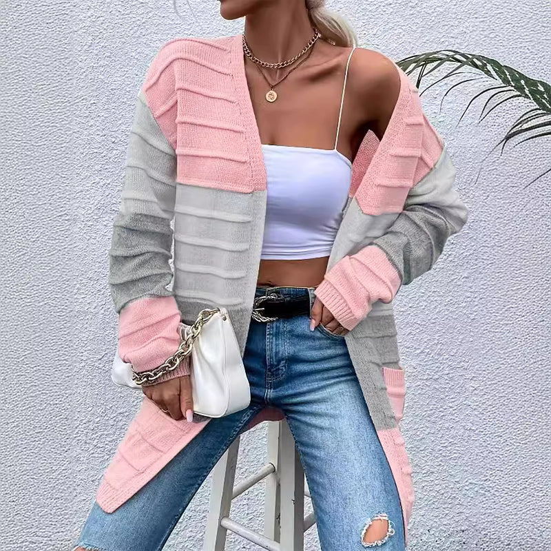 Long Striped Color Matching Cardigan - WOMONA.COM