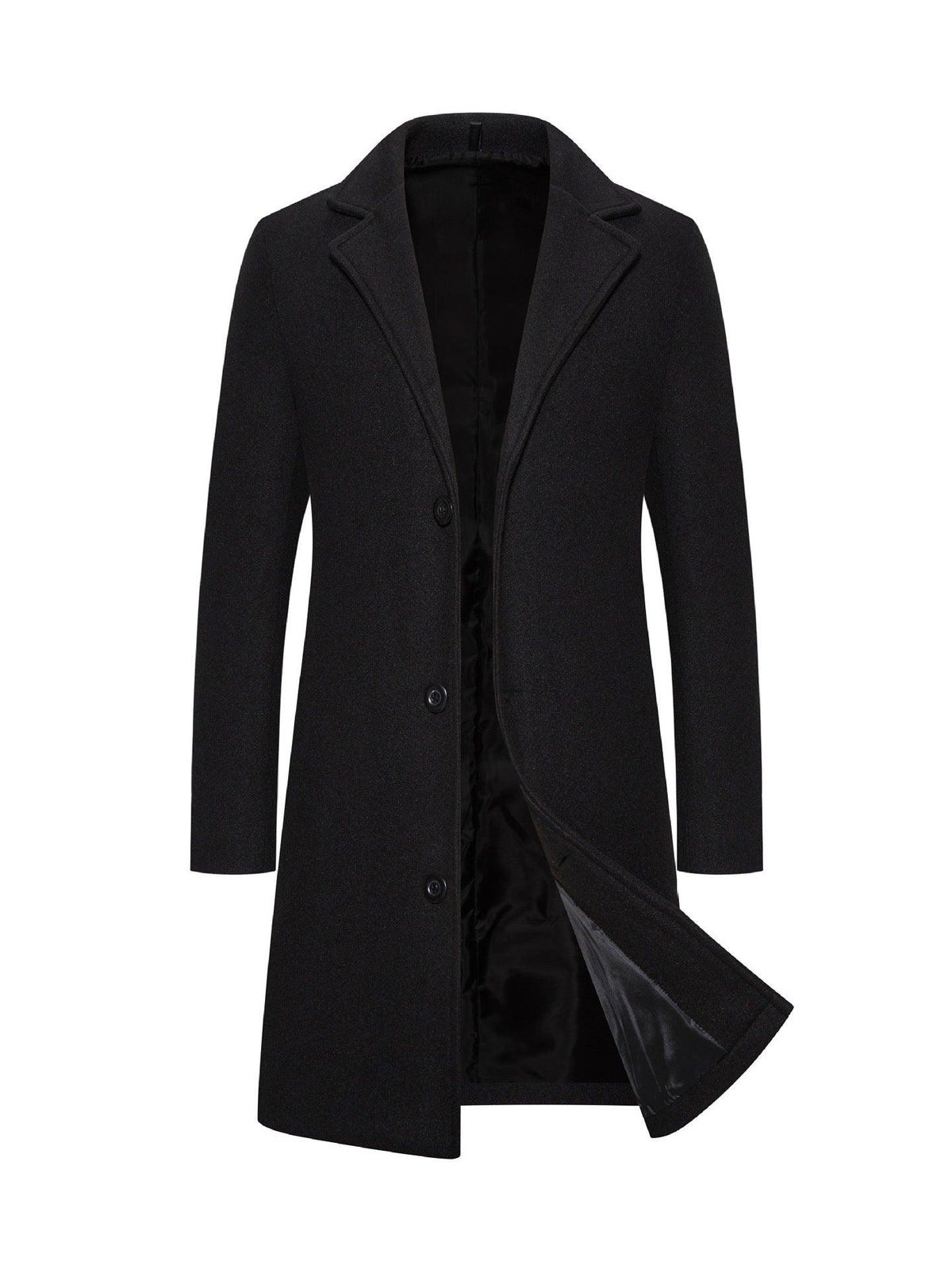 Men's mid-length slim-fit coat, black with notched lapels and button front