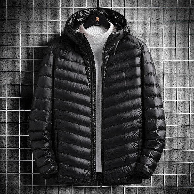 Men's hooded puffer jacket, black, quilted insulation, zip-front