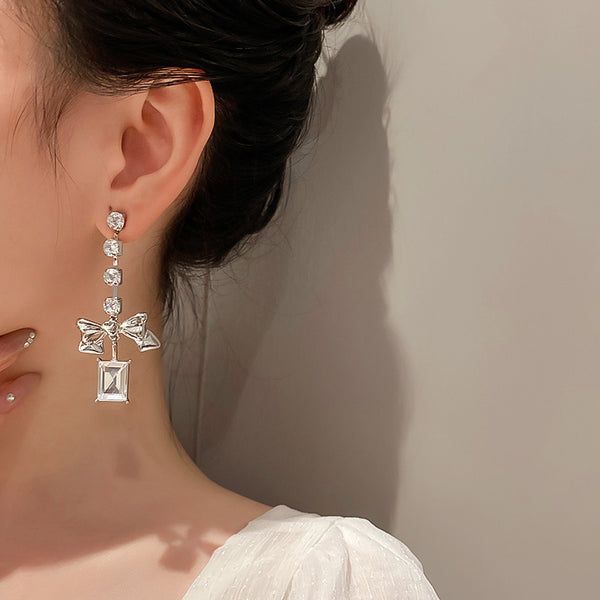 Diamond Bow Long Earrings - WOMONA.COM