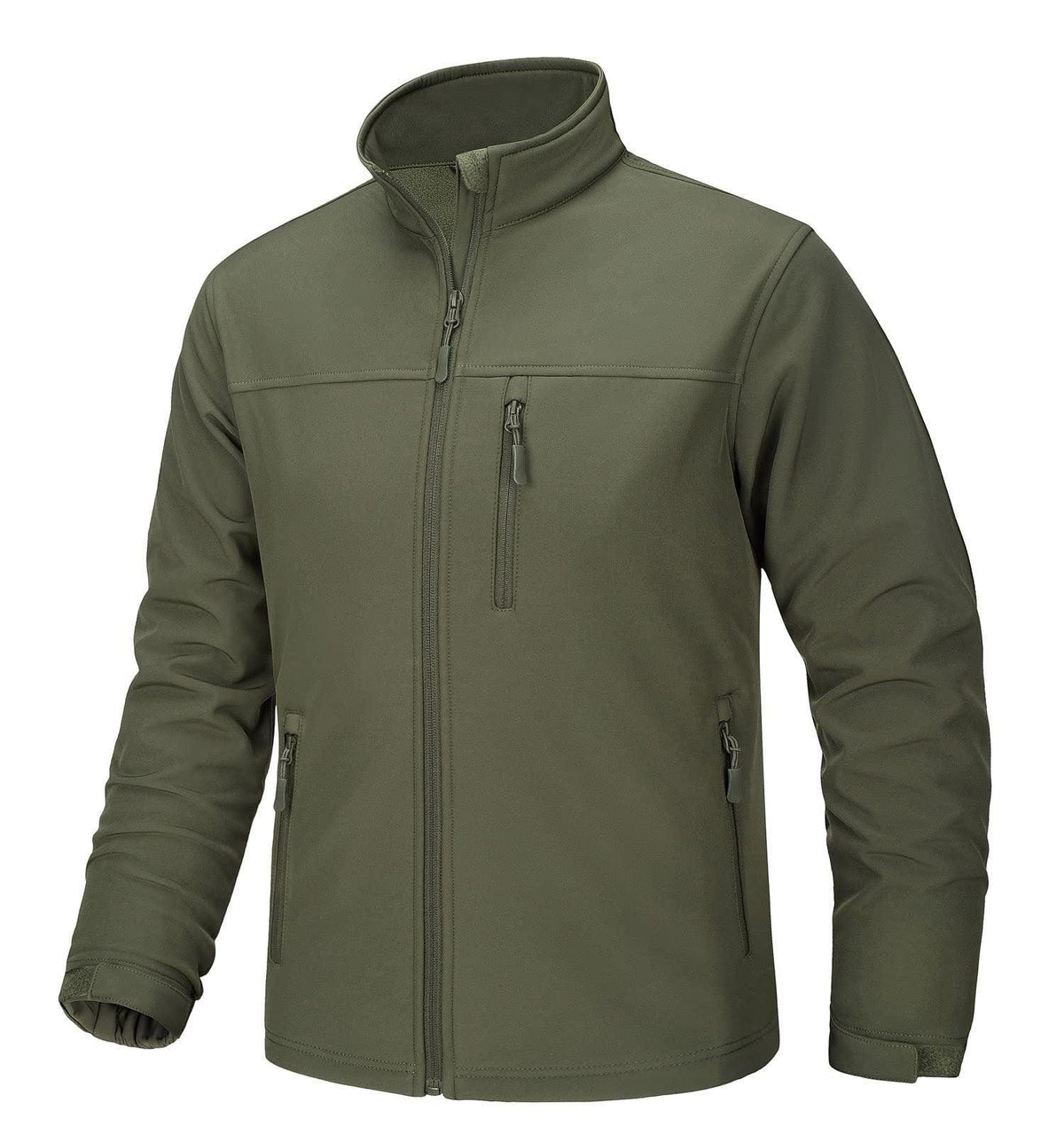 Army green stand-collar shell jacket with full-length zipper and zip chest pocket