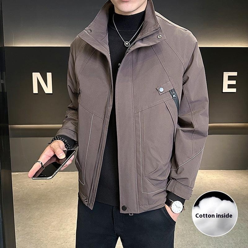 Taupe cargo cotton coat jacket with stand collar, button front, and flap pockets.