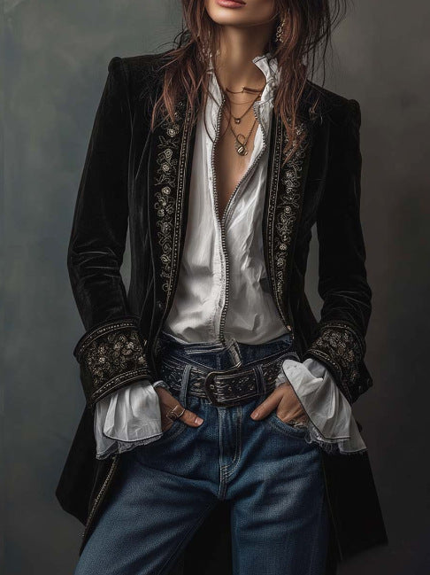 Black velvet long-sleeve coat with embroidered trim and ruffle cuffs