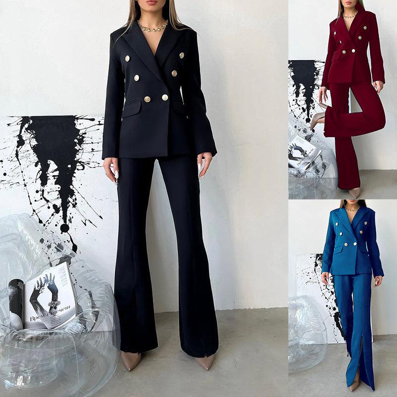 Black bell-bottom suit pants with front slit hem and slim fit through thigh