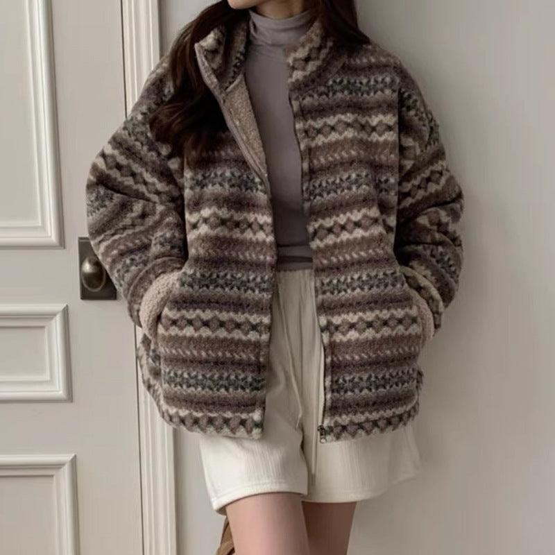 Women’s lamb wool coat in dark gray-brown with zip front and patterned knit texture