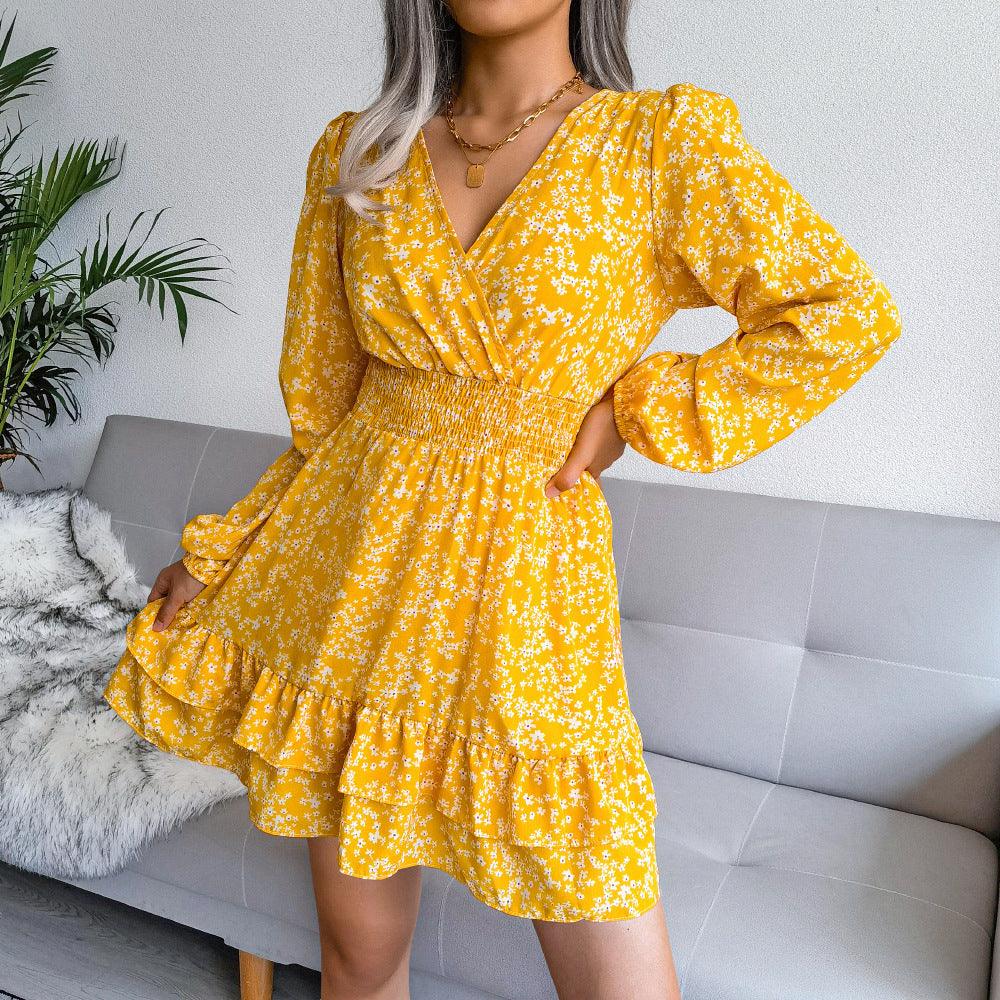 Women's Casual Versatile Floral V-neck Dress - WOMONA.COM