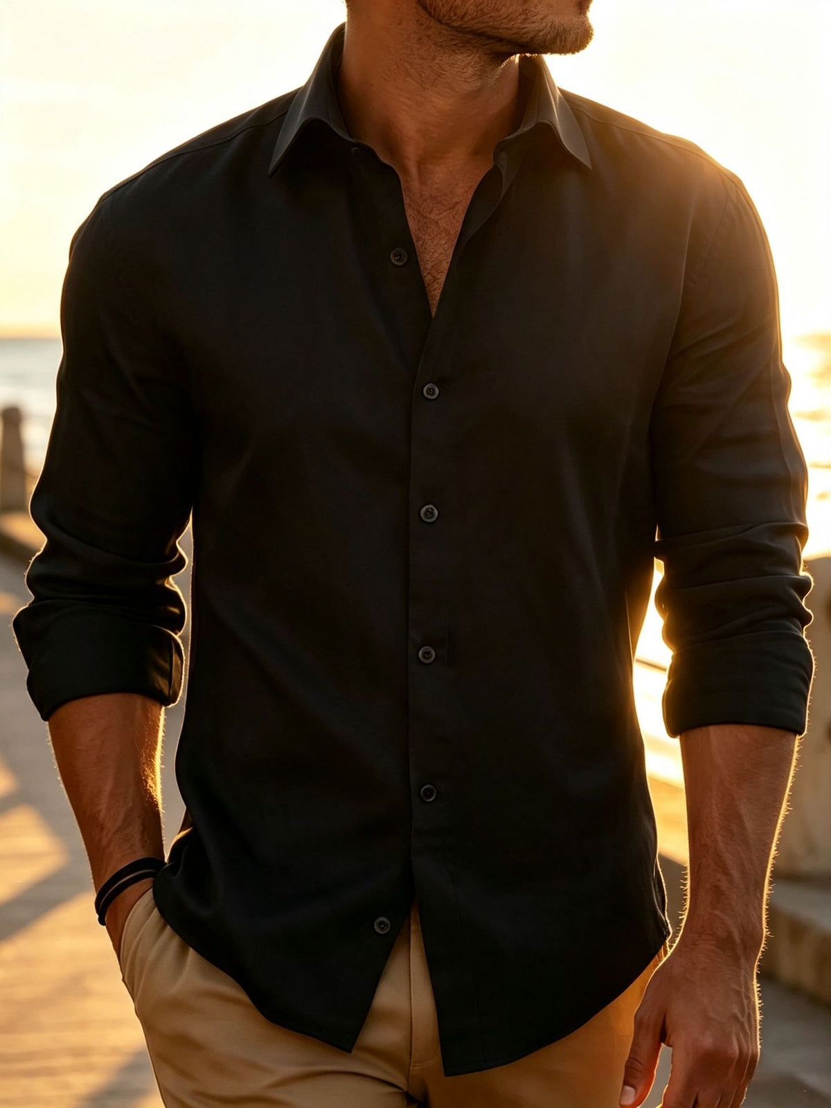Slim-fit men’s button-up shirt in black, roll-tab sleeves and button front