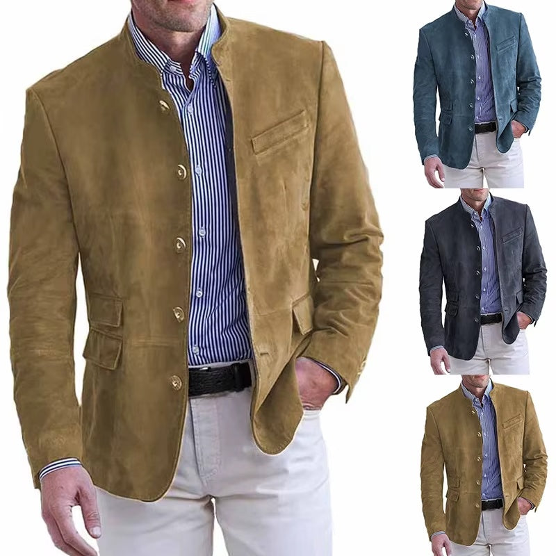 Men's stand collar business casual blazer in brown