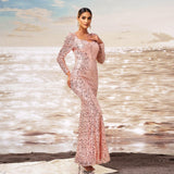 Square-neck Sequined Sheath Fishtail Evening Dress