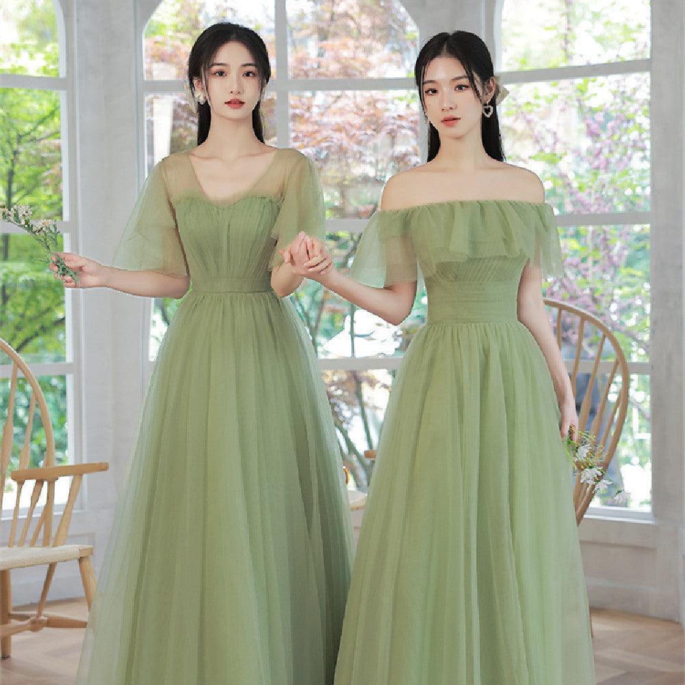 Women’s long fruit-green off-shoulder dress with gathered waist, short sleeves, flowy tulle