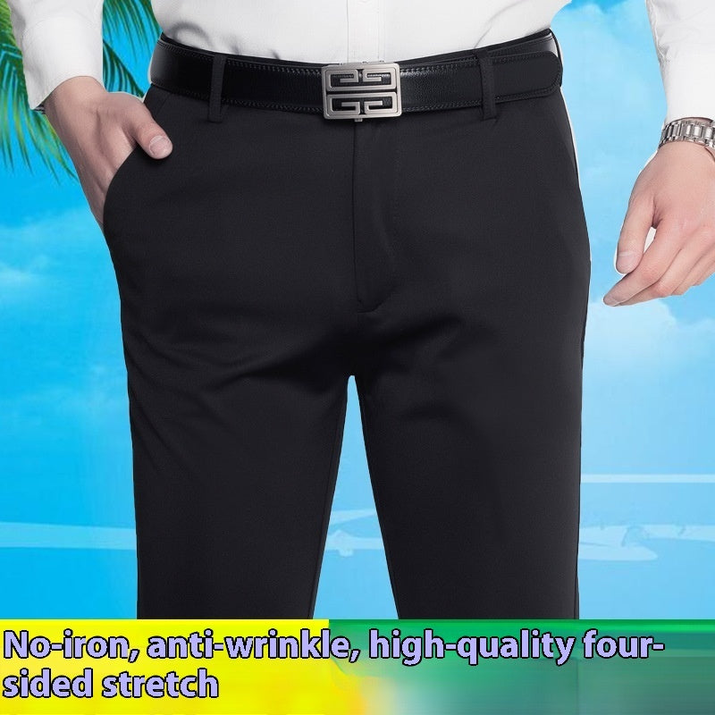 Men's black stretch knit casual pants with belt and square metal buckle