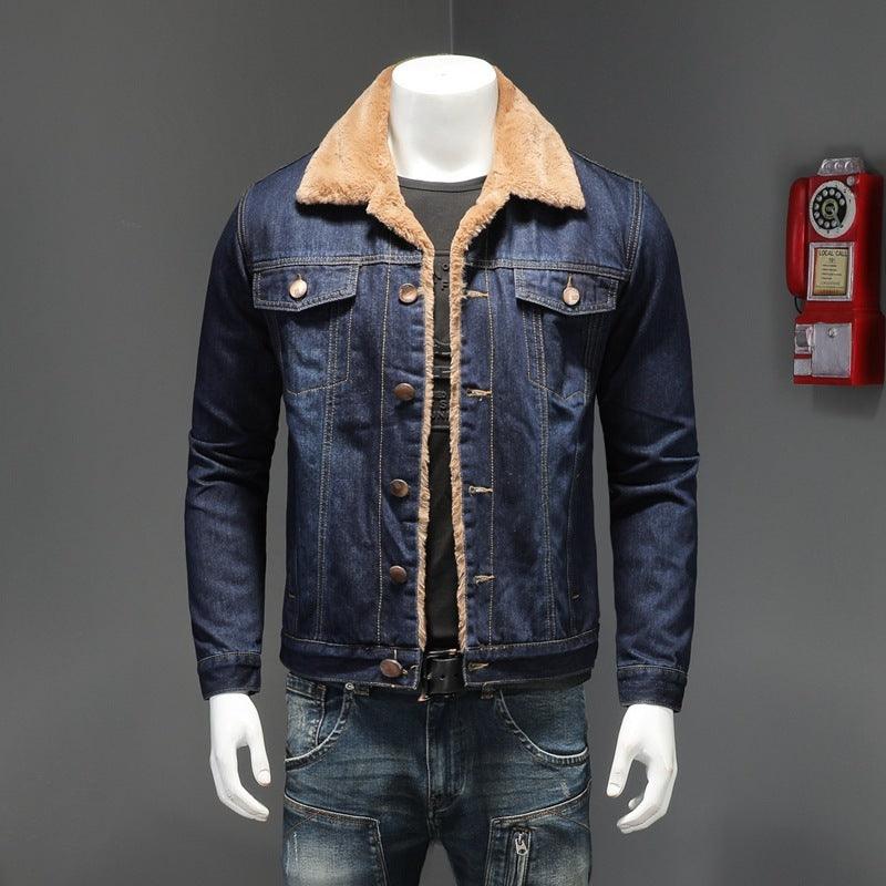 Blue denim jacket with tan fleece lining, sherpa collar, front buttons, and two chest flap pockets