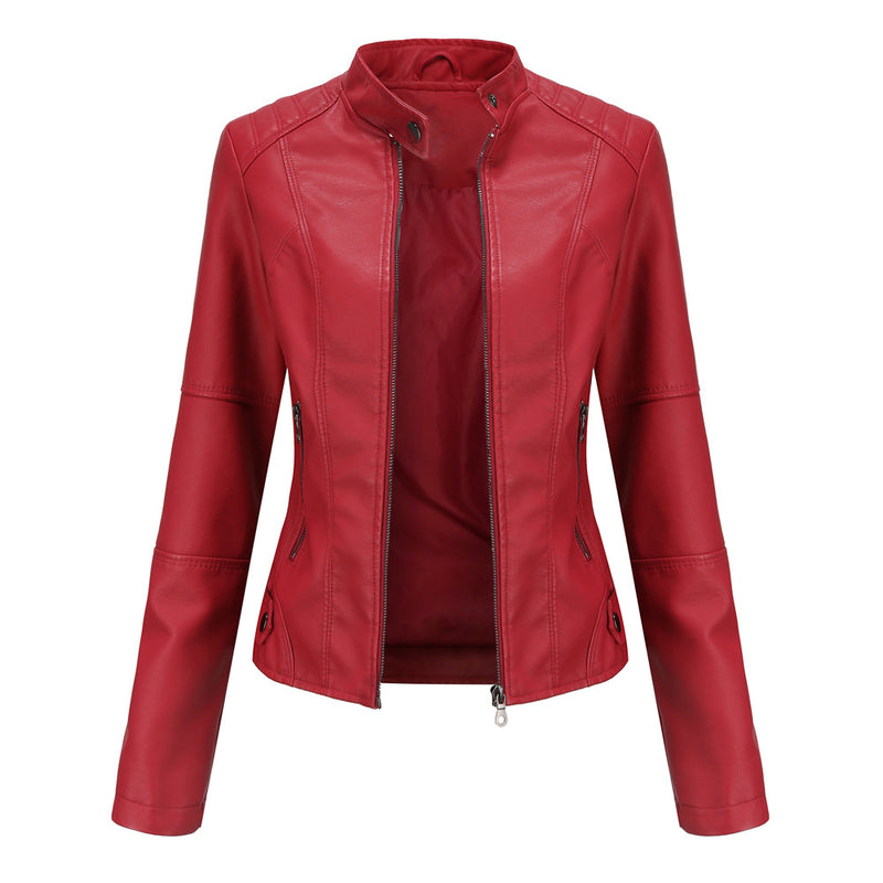 Biker Oversized Stand Collar Leather Jacket - WOMONA.COM