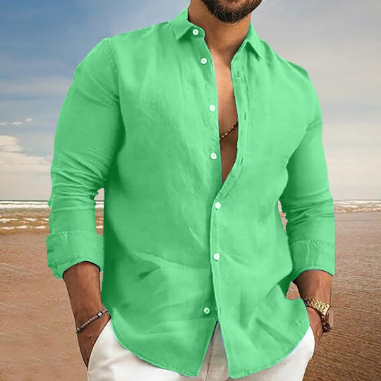 Men's long-sleeve button-up shirt, bright green with button front and collar.