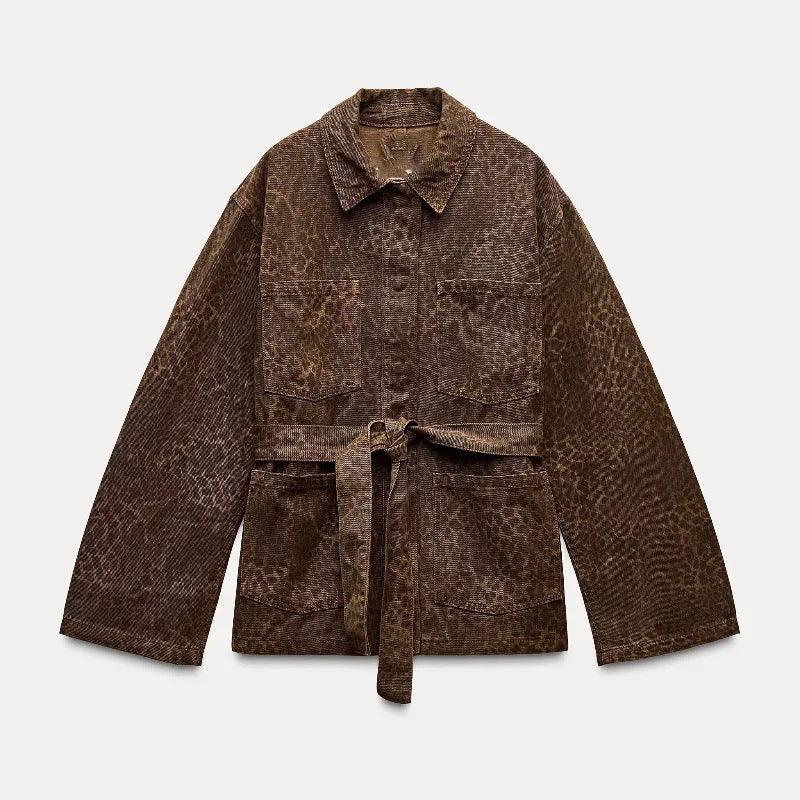 Brown animal-print button lapel coat with tie belt and two flap pockets, long sleeves