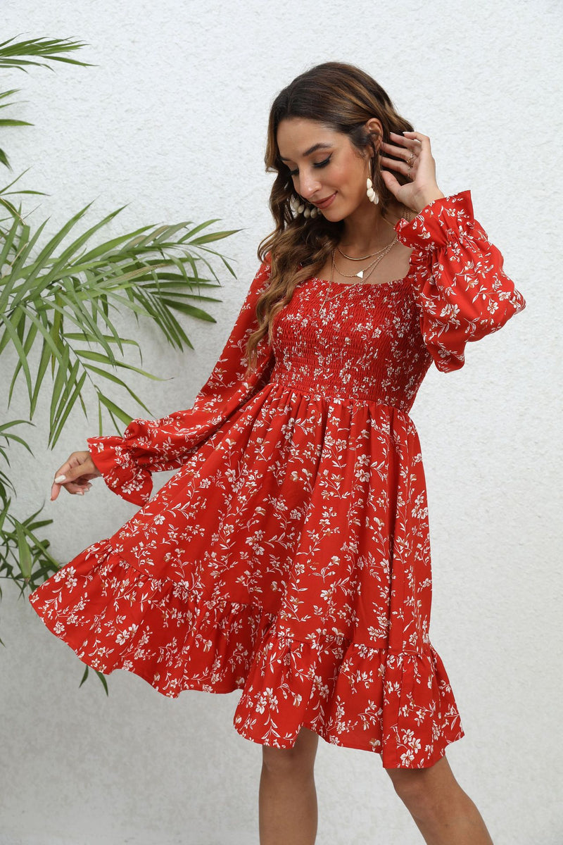 Spring And Summer Floral Long Sleeve Mid-length Dress - WOMONA.COM