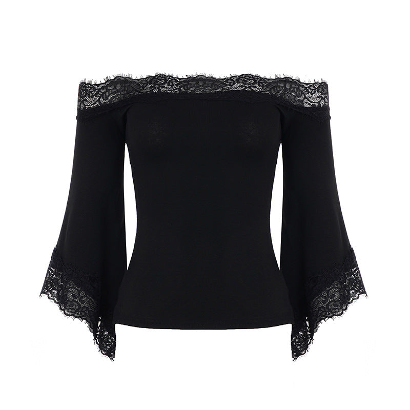 Black off-the-shoulder t-shirt with lace neckline and bell sleeves, front view