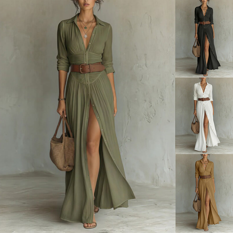 Women's V-Neck Side-Slit Maxi Shirt Dress – product view 1 | WOMONA
