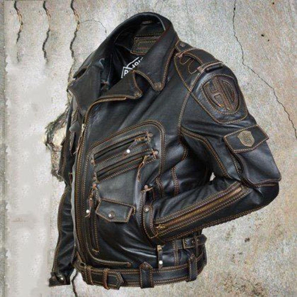 Men's black leather biker jacket with multiple zip pockets and hooded collar