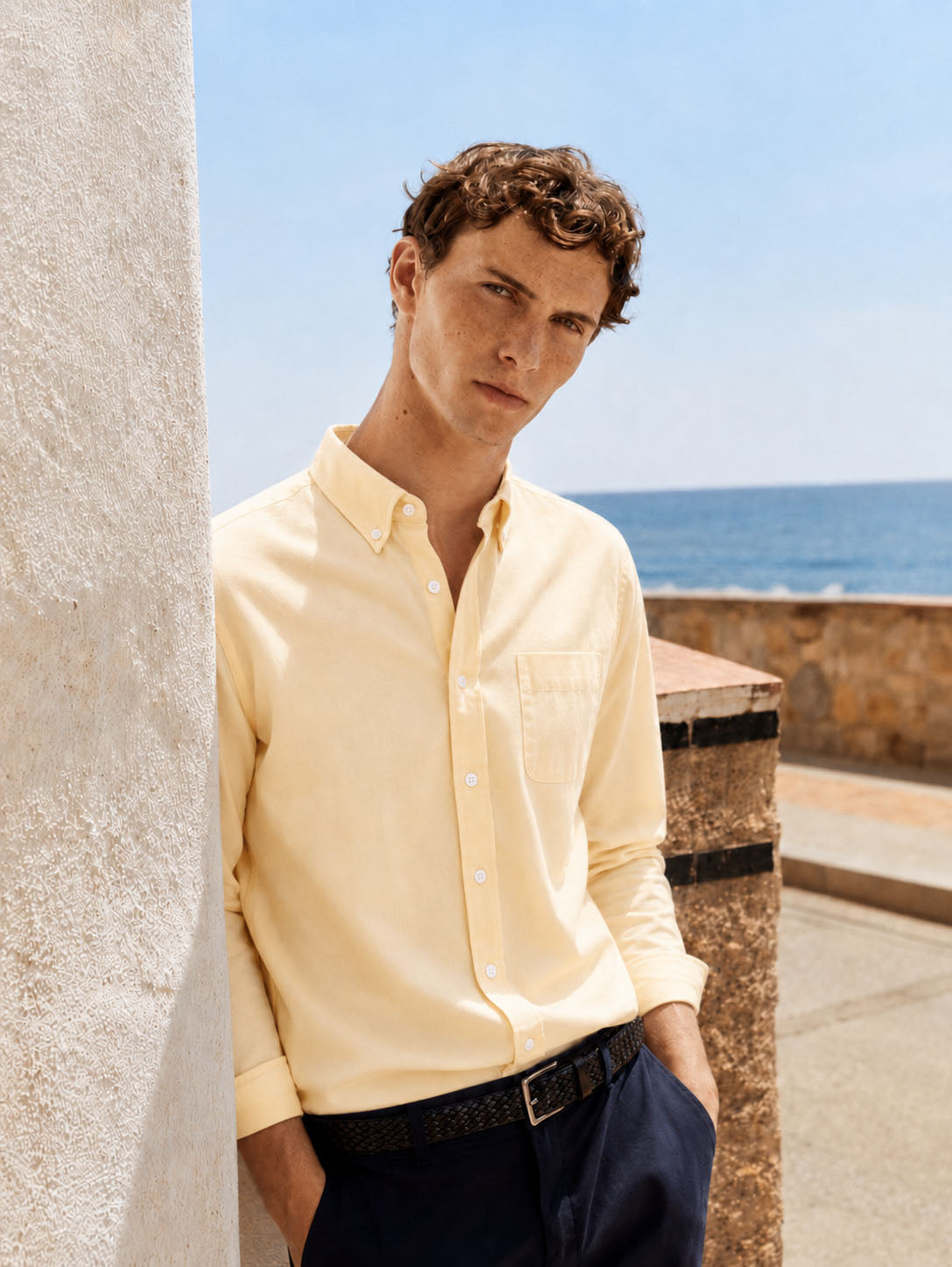 Men's long-sleeve button-front shirt with chest pocket, light beige cream color