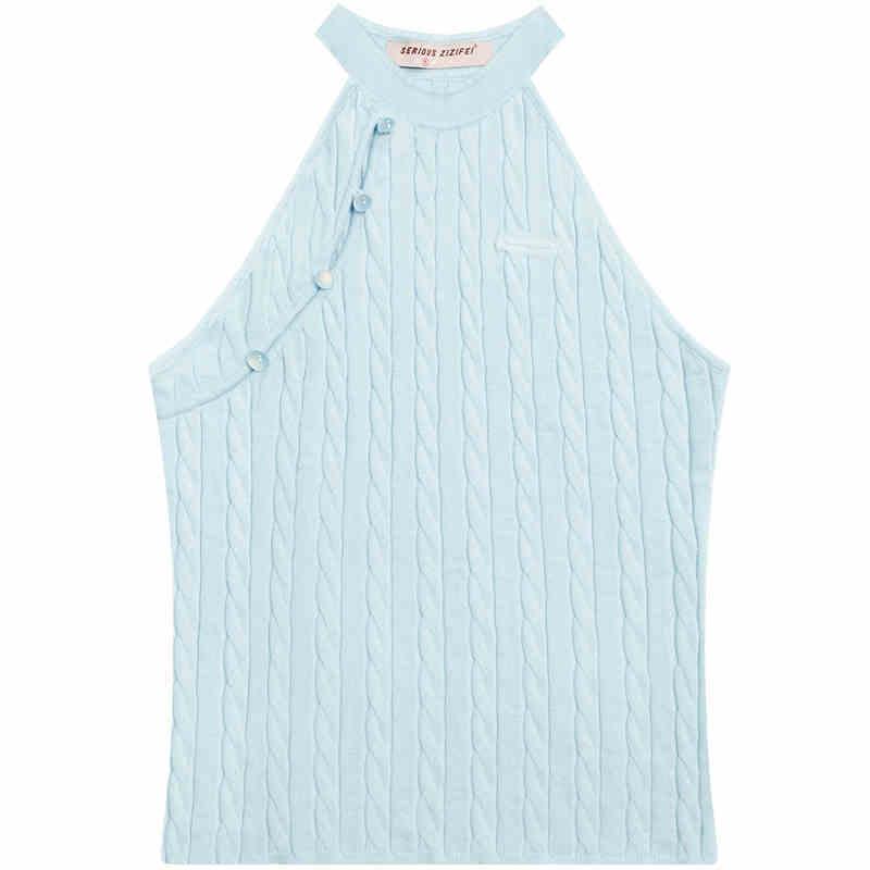 Sleeveless Top Oblique Placket Halter Knitted Vest - WOMONA.COM