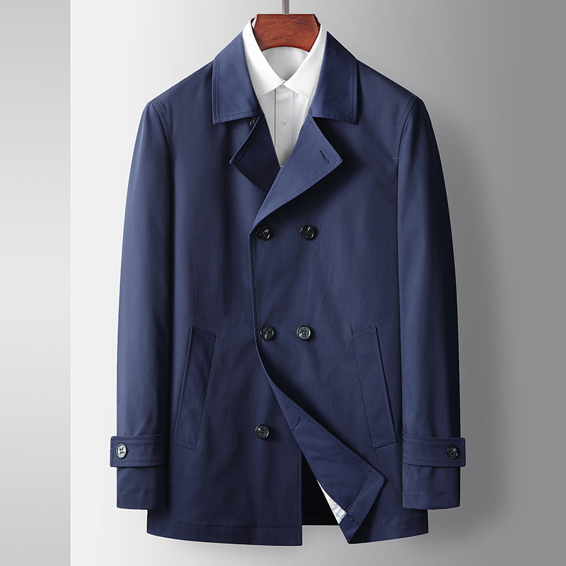 Blue trench coat, double-breasted front with black buttons and notch lapels